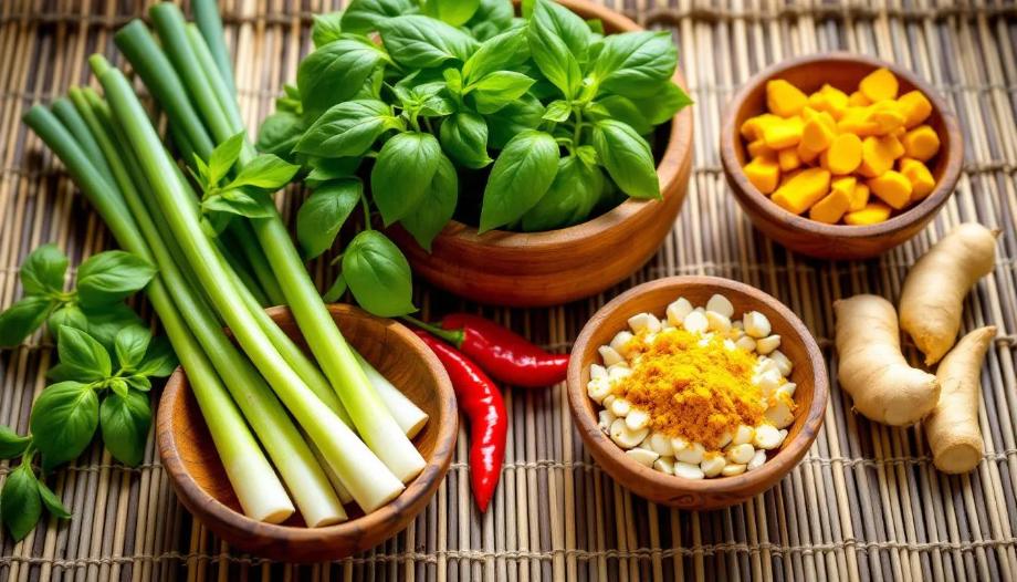 The image features an assortment of fresh Thai herbs and spices beautifully arranged in traditional wooden bowls, set against a textured bamboo mat. The vibrant colors and varied textures highlight the essential ingredients used in authentic Thai cuisine, perfect for cooking flavorful Thai dishes.