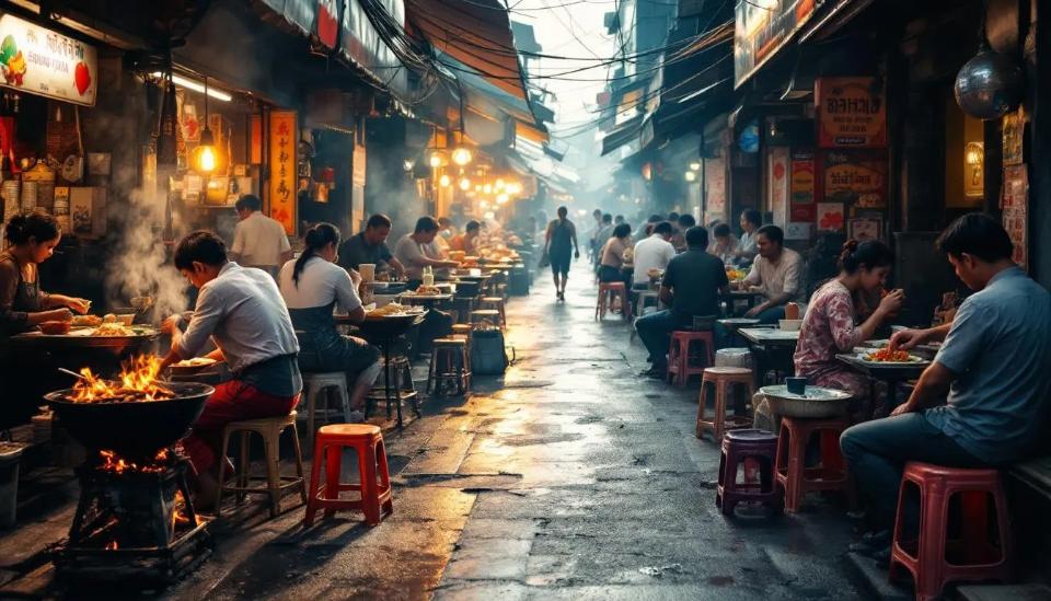 The image depicts a vibrant Thai street food market, filled with vendors expertly cooking various Thai dishes over charcoal stoves, while customers enjoy their meals seated on colorful plastic stools. The scene showcases a variety of delicious offerings, including grilled chicken, pad thai, and green papaya salad, all characteristic of authentic Thai cuisine.
