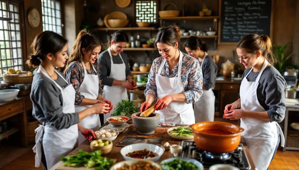A group of students is engaged in a traditional Thai cooking class, using a mortar and pestle to prepare authentic Thai curry paste. The scene captures the vibrant ingredients typical of Thai cuisine, including fresh herbs and spices, as they learn to create flavorful dishes like green curry and pad thai.