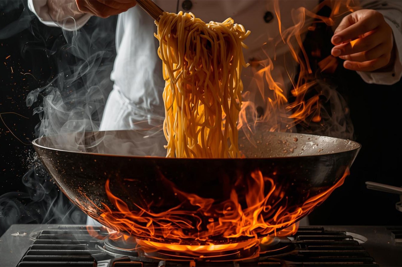 Dramatic action shot of a chef tossing stir-fried noodles in a wok with high flames, demonstrating traditional high-heat cooking techniques.