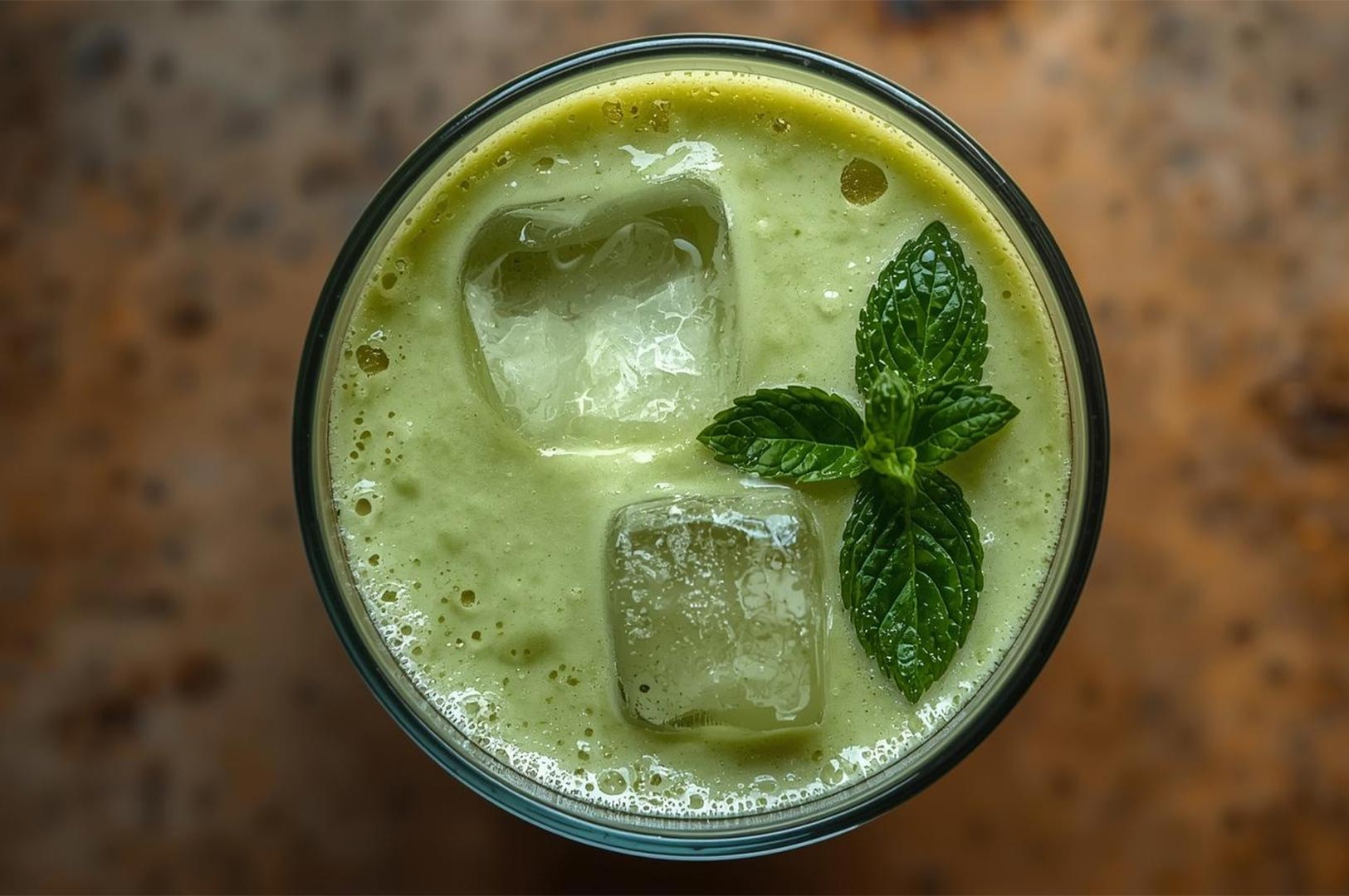 Overhead view of a green matcha drink with two large ice cubes and a sprig of fresh mint leaves floating on top, set against a dark, textured background.