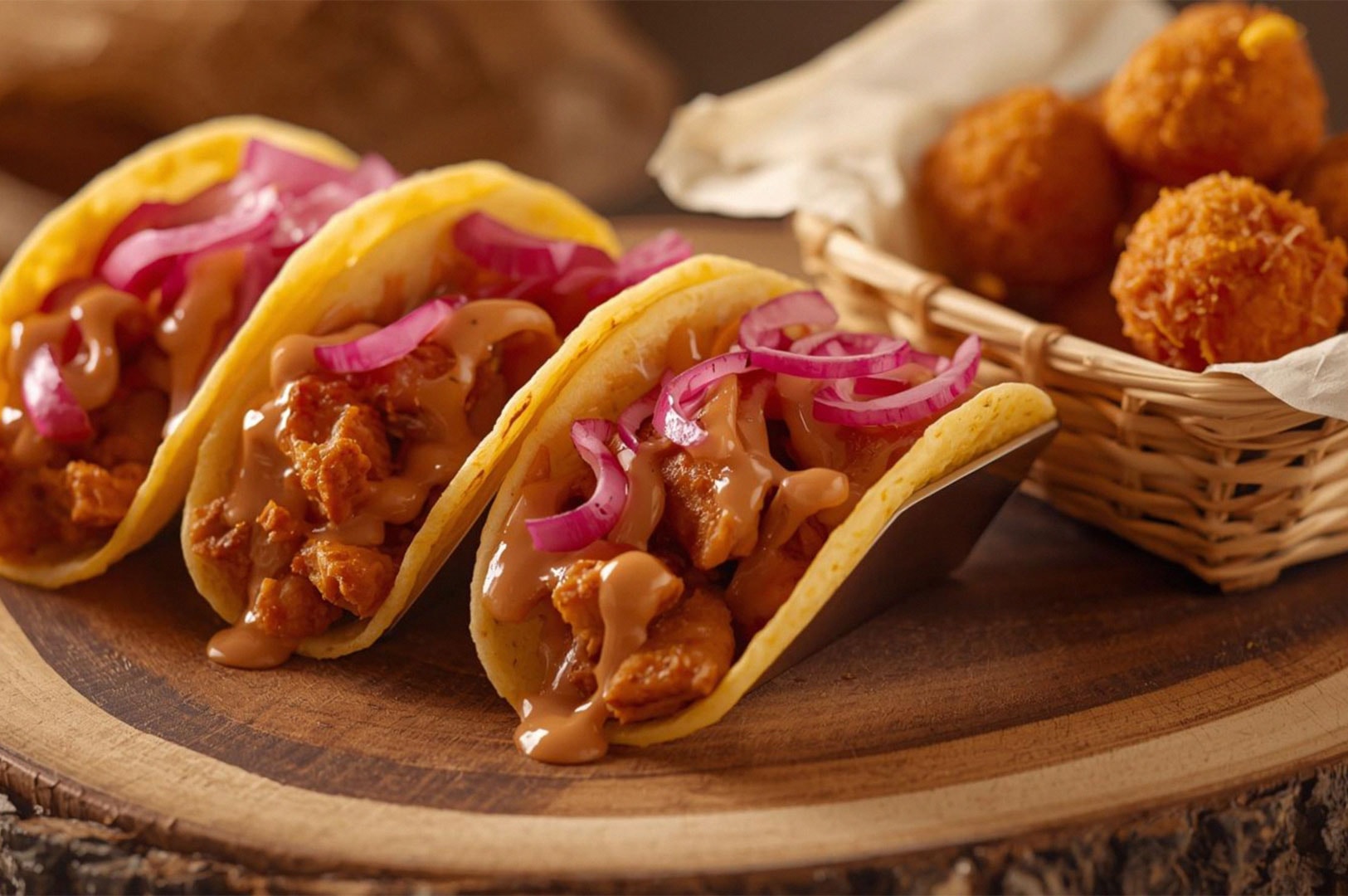 A creative fusion dish featuring three soft tacos filled with spicy chicken curry and topped with pickled red onions, served on a wooden platter next to a basket of fried snacks.