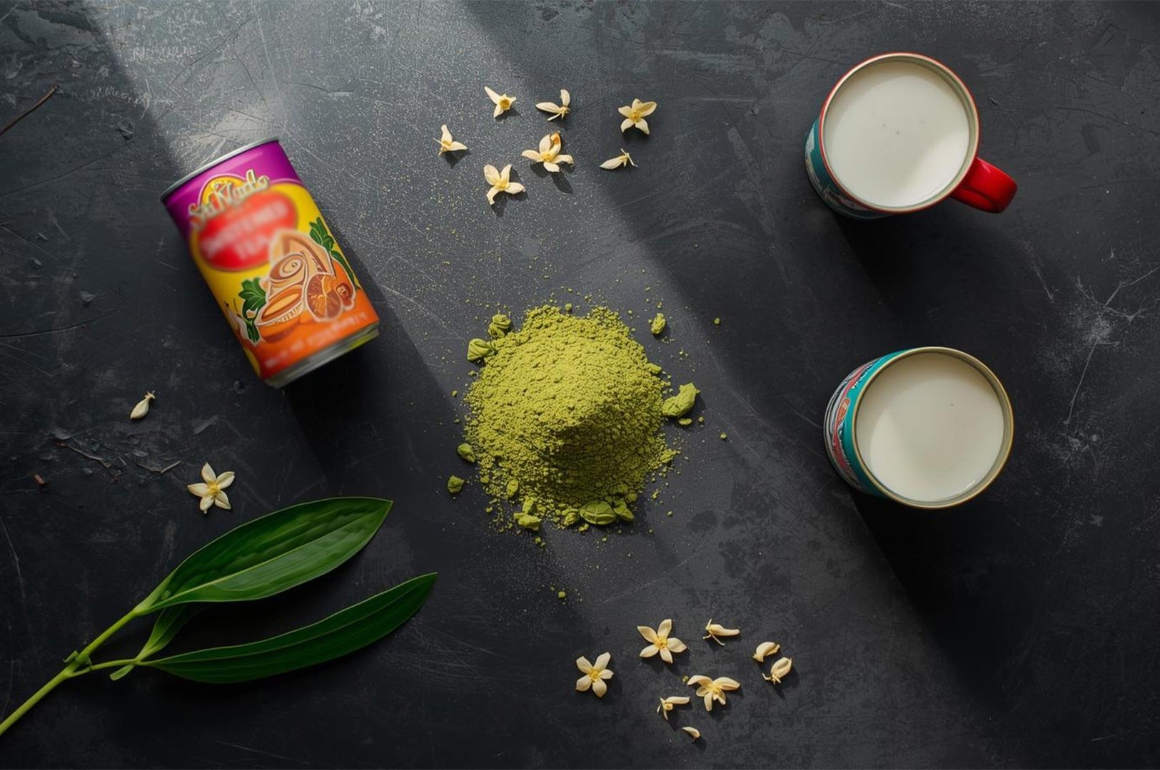 Overhead flatlay of a mound of vibrant green matcha powder, a colorful tea tin, two small mugs of milk, and scattered yellow flower blossoms on a dark, textured surface.