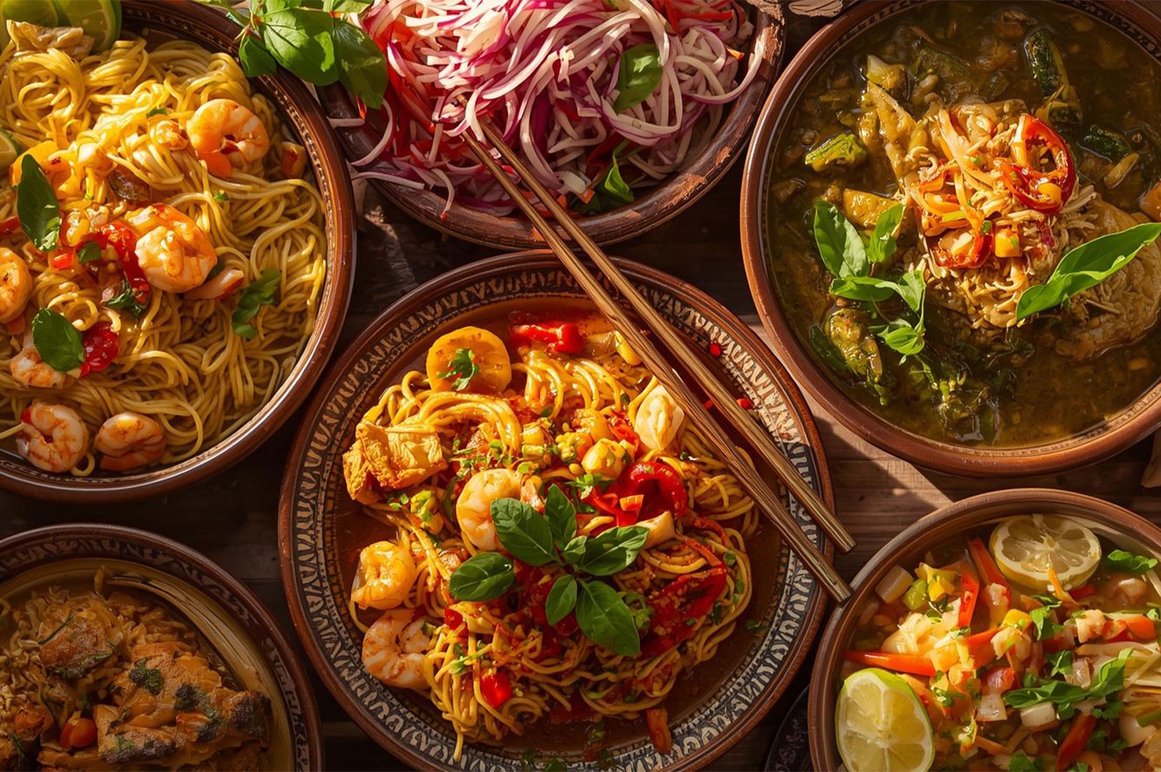 An overhead shot of a variety of colorful Thai noodle dishes and curries, including bowls of noodles with shrimp and a bowl of green curry.