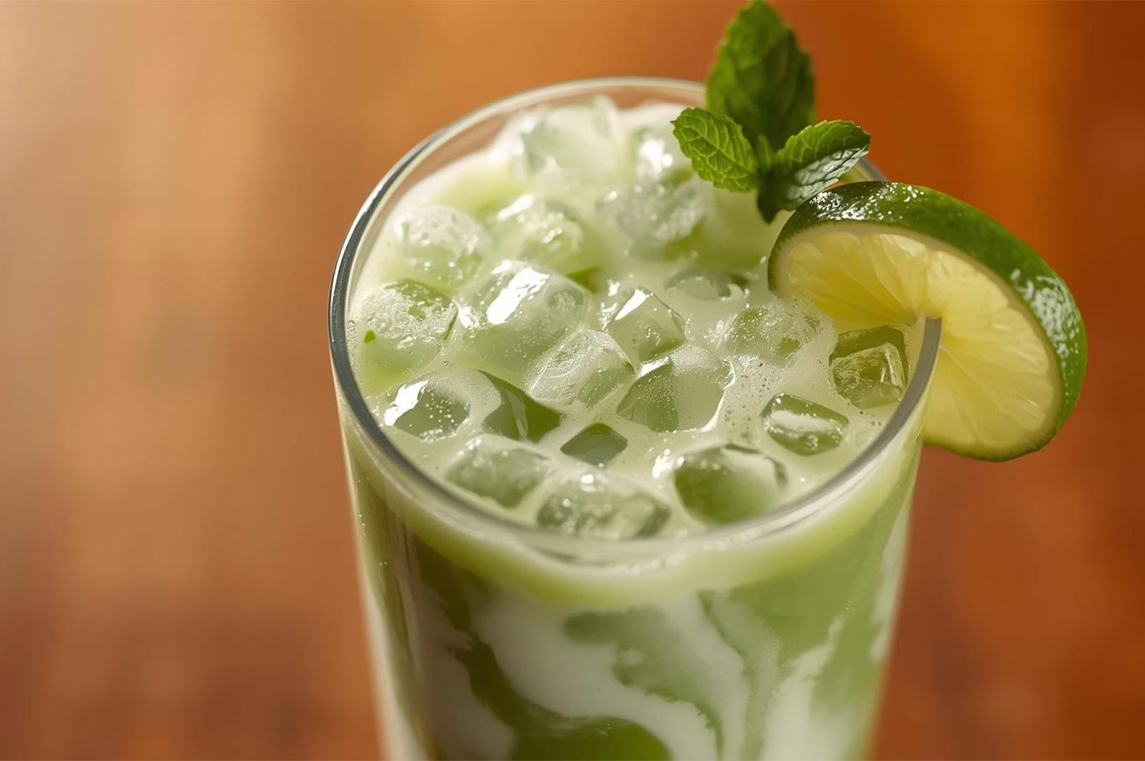 Close-up of an iced matcha latte drink with swirled milk, topped with a lime slice and mint leaves, against a brown wood background.