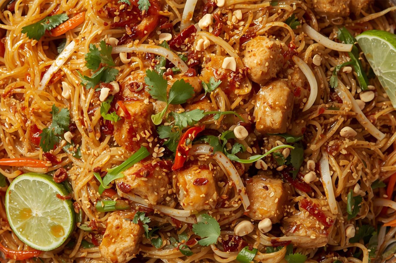 Top-down view of a vibrant, spicy Pad Thai dish featuring golden fried tofu, chicken, crushed peanuts, and fresh cilantro toppings.