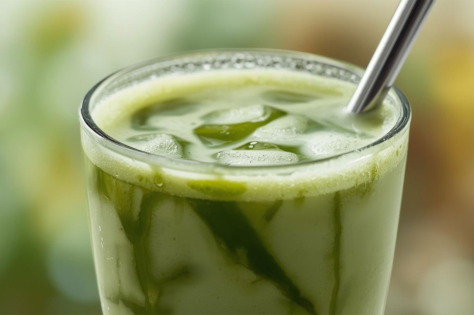 High-angle close-up of an iced matcha green tea latte in a glass, featuring floating ice cubes and a reusable metal straw.