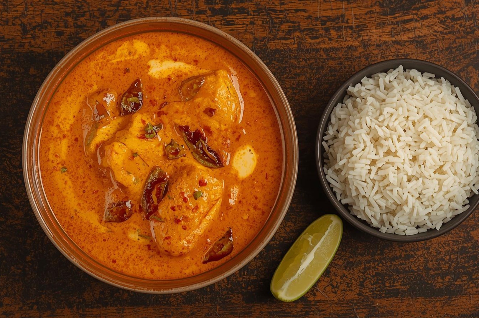 Top-down view of a hearty meal featuring a bowl of creamy orange fish curry served alongside a bowl of steamed white rice and a lime wedge on a rustic wooden table.