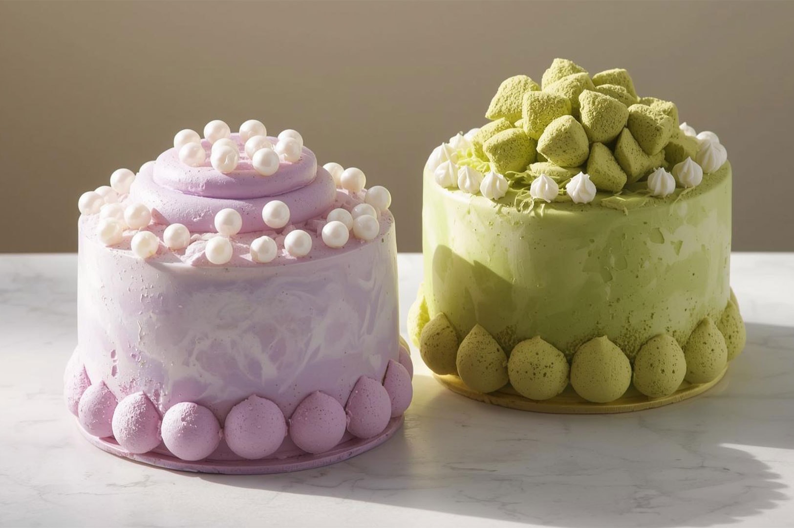 Two gourmet cakes side-by-side: a purple taro cake decorated with white pearls and a green matcha cake topped with green tea-dusted cubes.