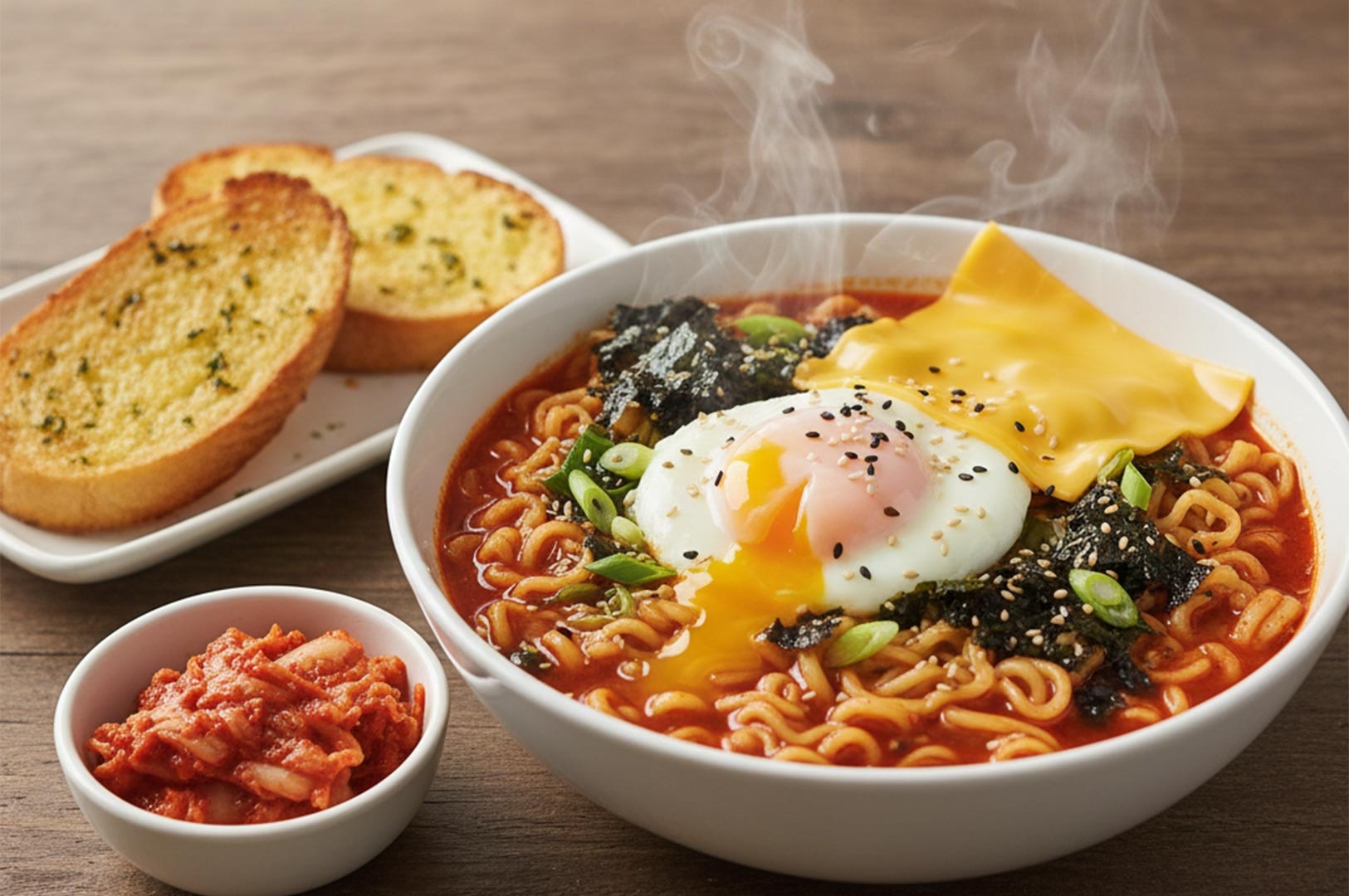 A complete meal featuring a bowl of spicy ramen topped with a fried egg, cheese slice, and seaweed, served alongside kimchi and toasted garlic bread.