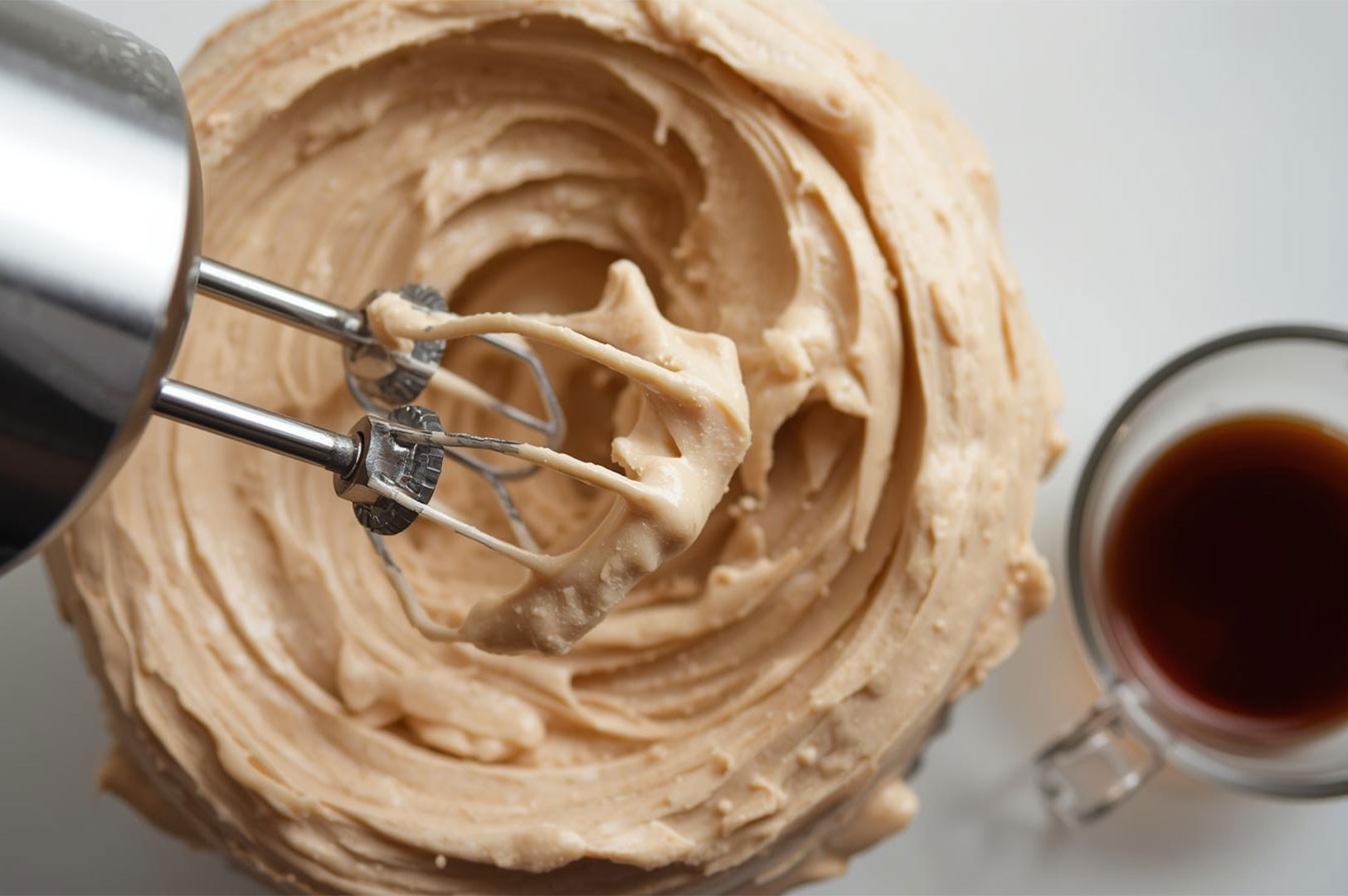 An overhead view of a stand mixer bowl filled with smooth, light-brown milk tea buttercream frosting, with the whisk attachment lifting a dollop.