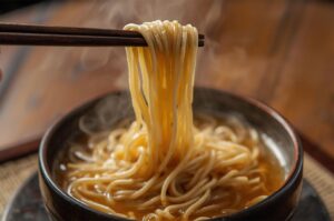 Close-up view of wooden chopsticks lifting steaming wheat noodles from a bowl of hot, savory broth.