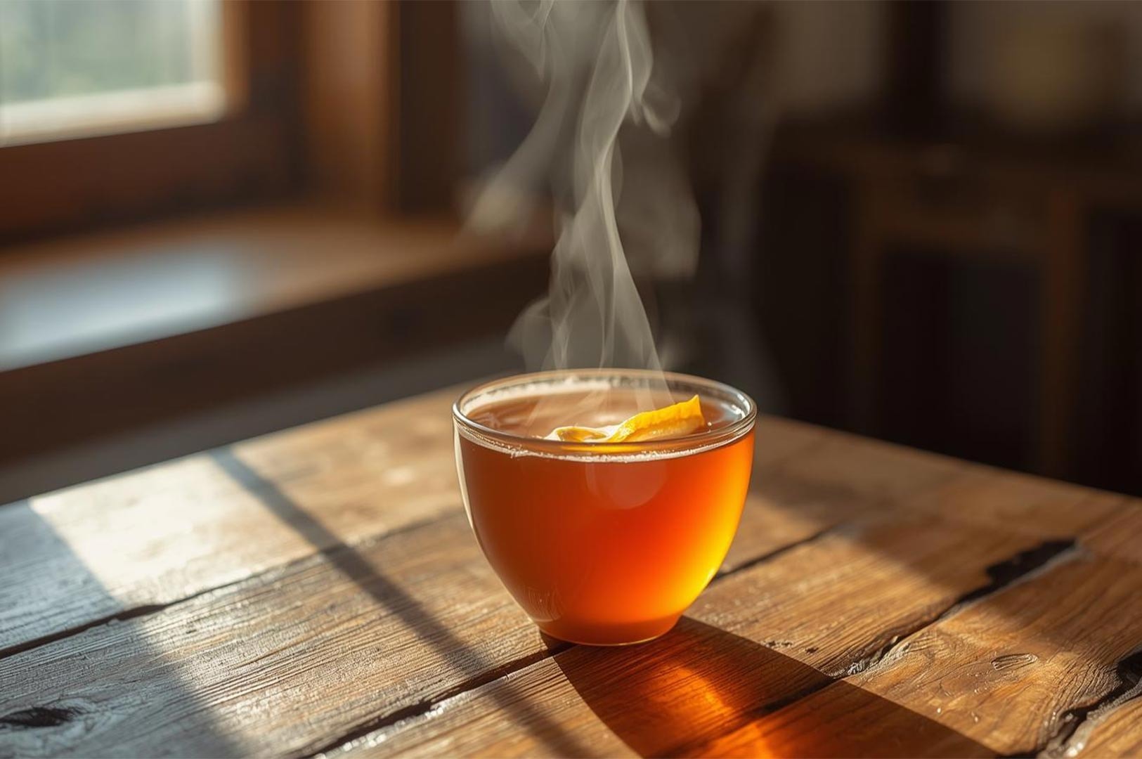 A clear glass cup of steaming hot yuzu tea with a slice of citrus peel, sitting on a rustic wooden table in soft sunlight.