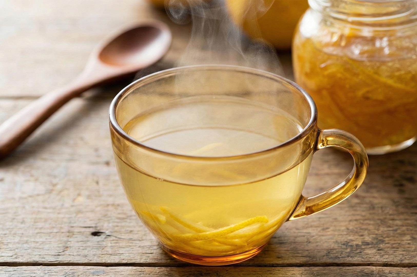 A clear glass cup filled with steaming hot Yuja tea (Korean citron tea) containing sliced yellow fruit peels, sitting on a wooden table.