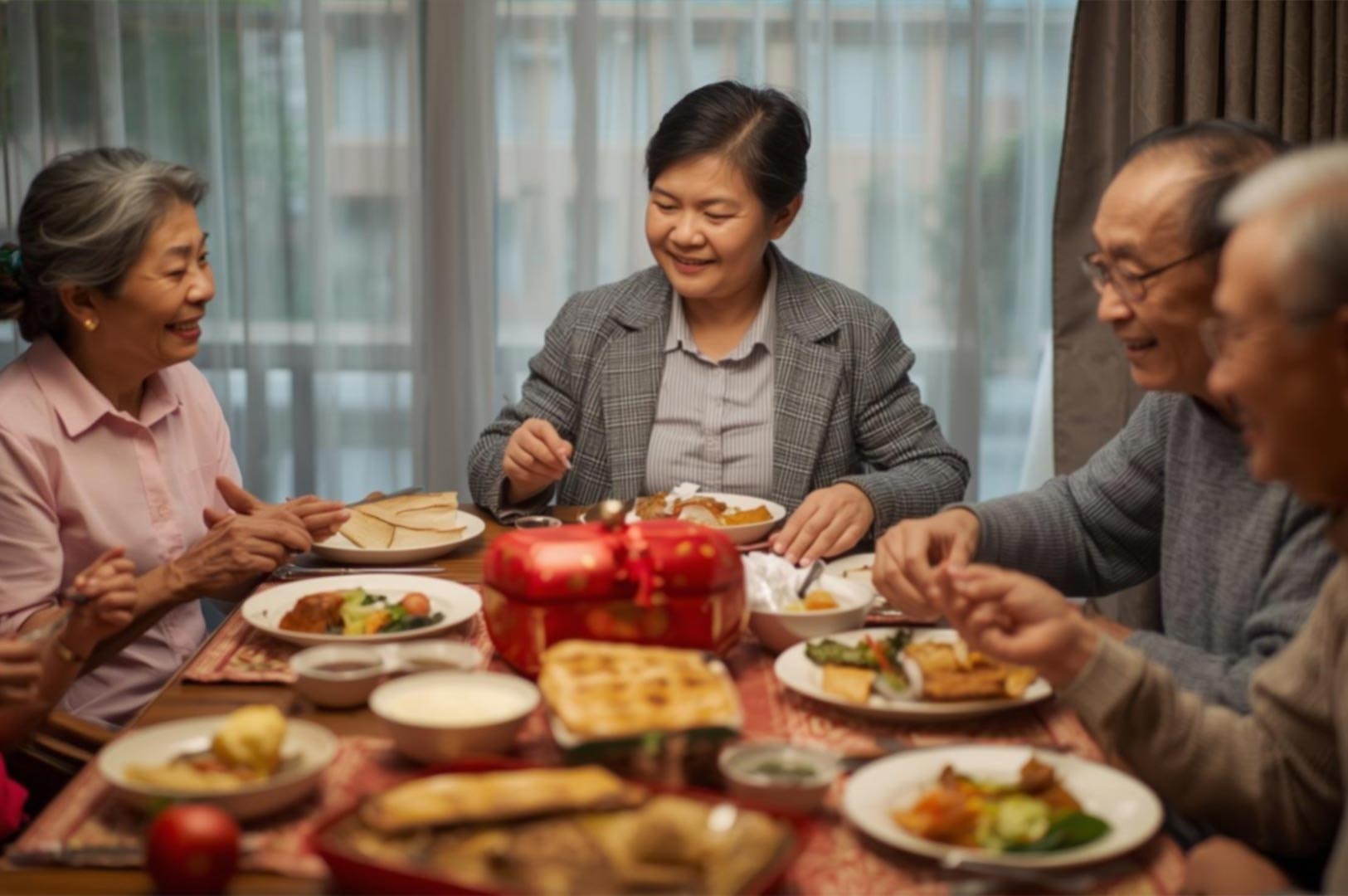 A multi-generational Asian family smiling while enjoying a reunion dinner with various dishes and a traditional red gift box on the table.