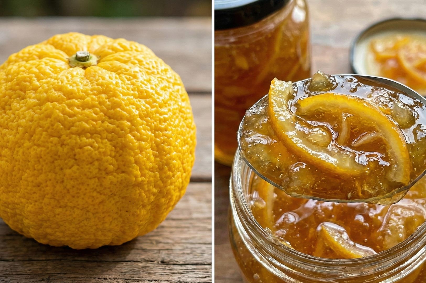 A close-up view of a textured whole Yuja fruit next to a silver spoon lifting a thick, glistening scoop of citron marmalade preserve.