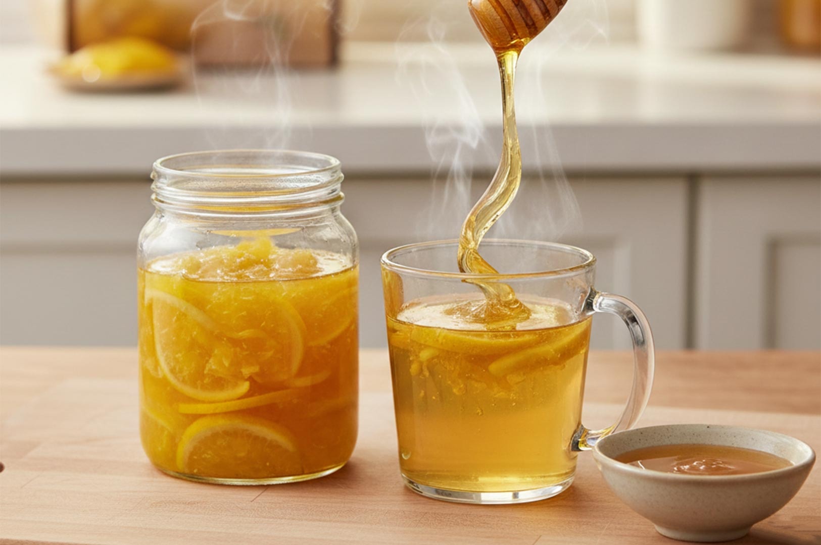 Honey being drizzled into a clear glass mug containing hot water and yuzu slices, sitting next to a full jar of preserved lemon marmalade.