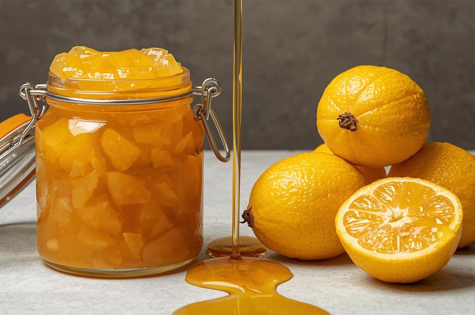 An open glass jar filled with thick, yellow Yuja Cheong (citrus marmalade) surrounded by fresh whole and cut yuzu fruits with honey dripping down.