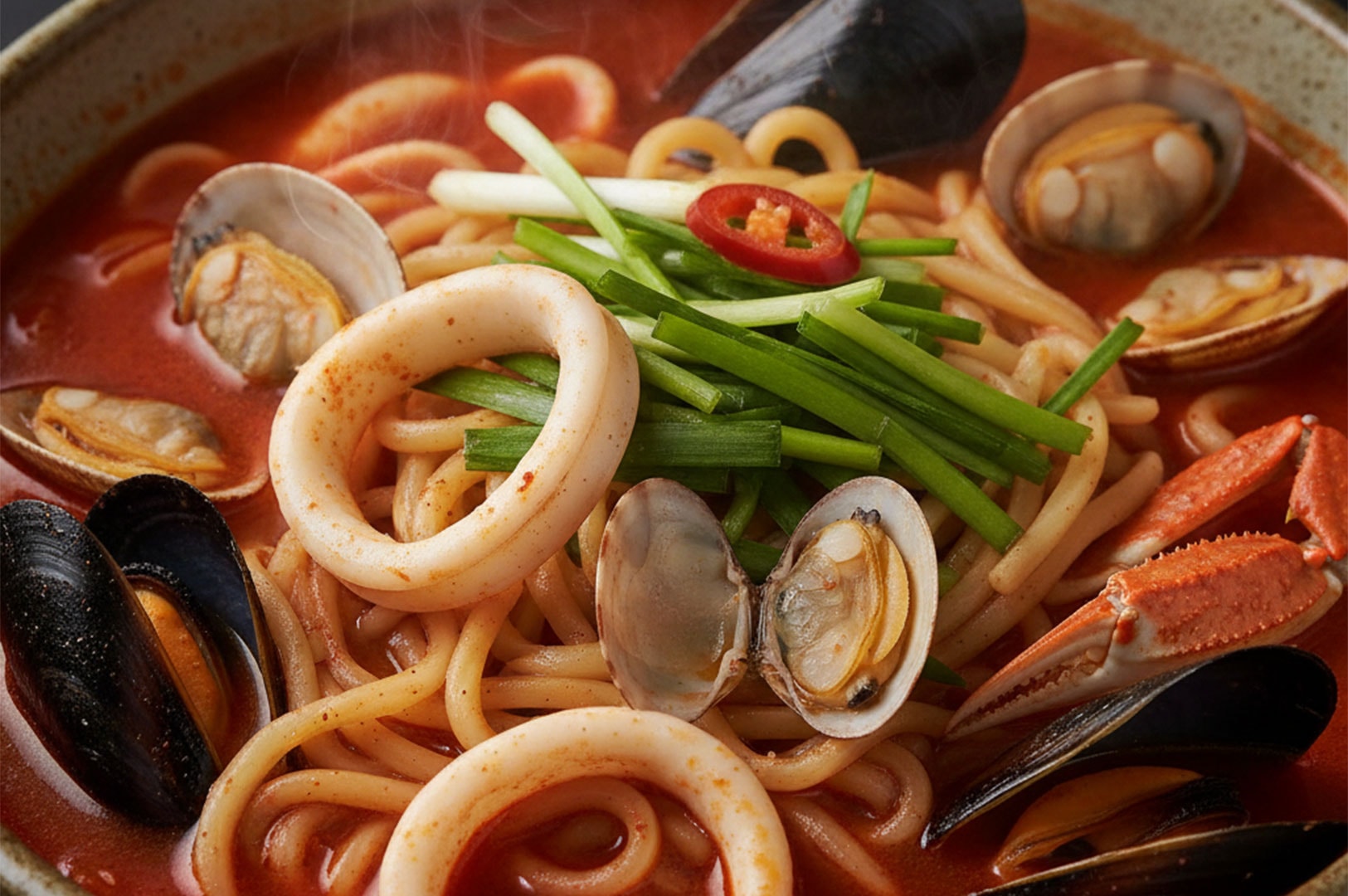 High-angle view of Jjamppong, a spicy Korean seafood noodle soup, filled with squid rings, mussels, clams, crab legs, and garnished with green onions and red chili.