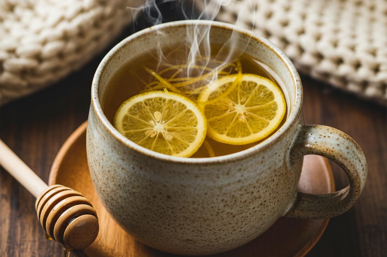 A close-up of a rustic ceramic mug filled with hot steaming Yuja tea and fresh yuzu slices, accompanied by a wooden honey dipper.