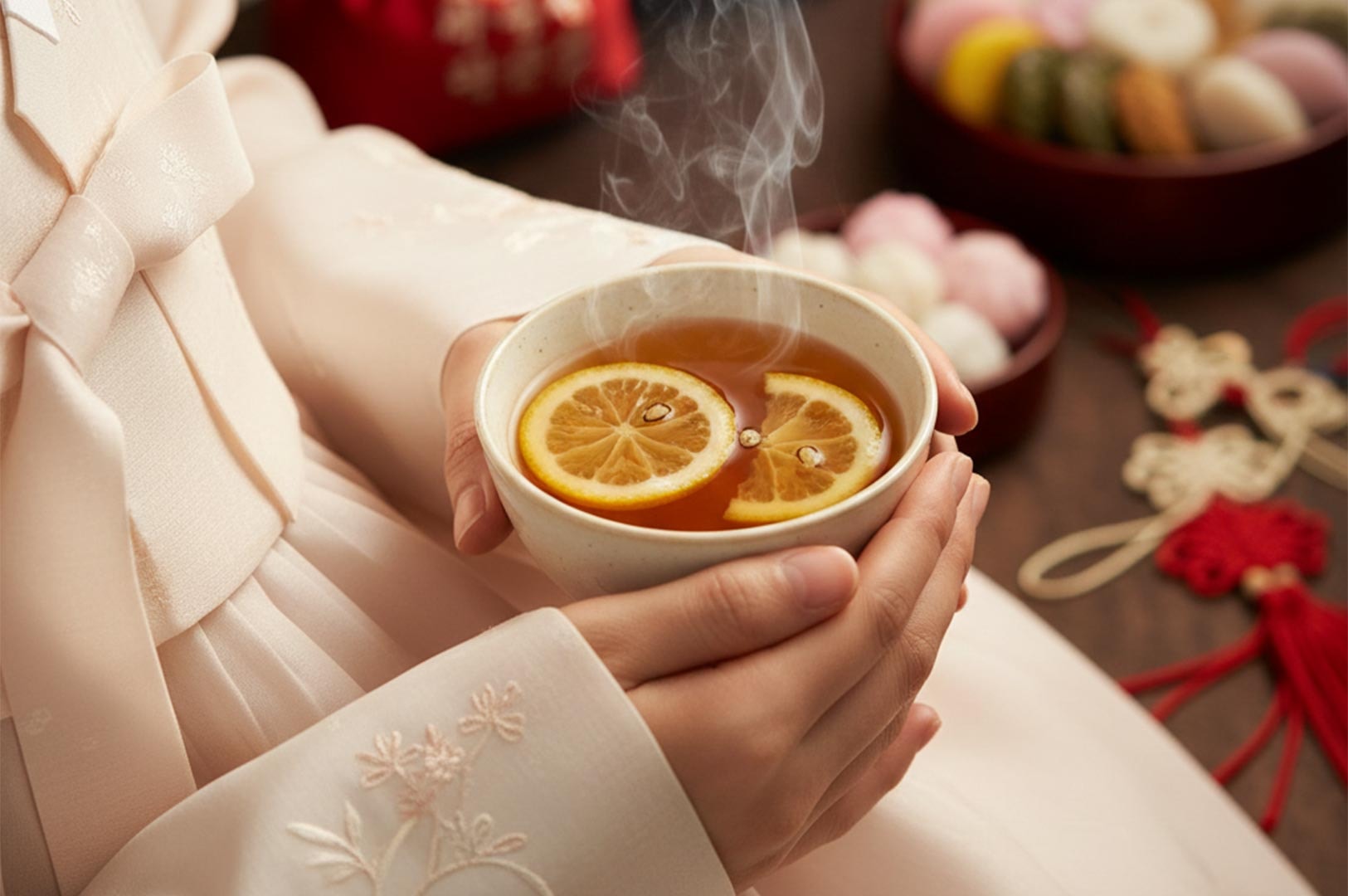 A person wearing a traditional cream-colored Korean Hanbok holding a ceramic bowl of hot Yuja-cha (citron tea) with lemon slices.