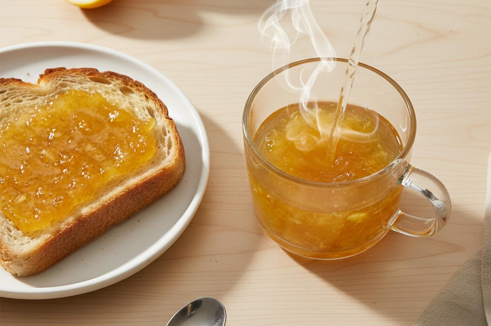 A breakfast setting featuring a slice of toast spread with thick yuzu marmalade next to a glass cup of hot citron tea being poured.