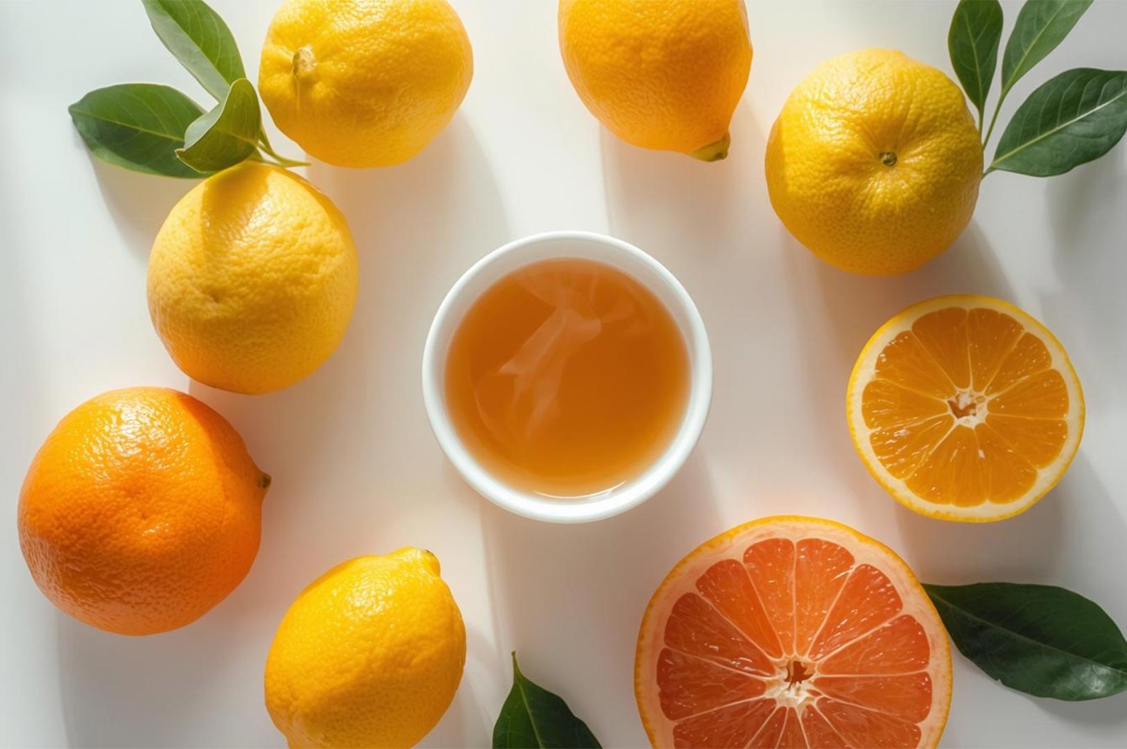 A bright overhead flat lay showing whole yellow yuzu fruits, sliced citrus showing the pulp, and green leaves on a white background.