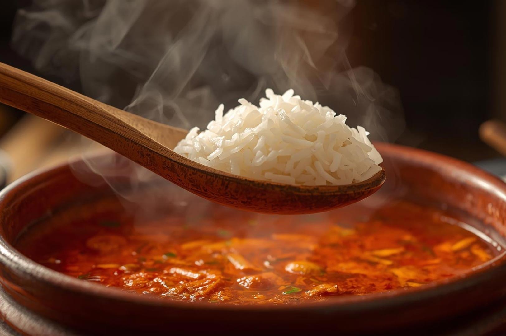 A wooden spoon holding a mound of steaming white rice positioned over a bowl of rich, red spicy broth.