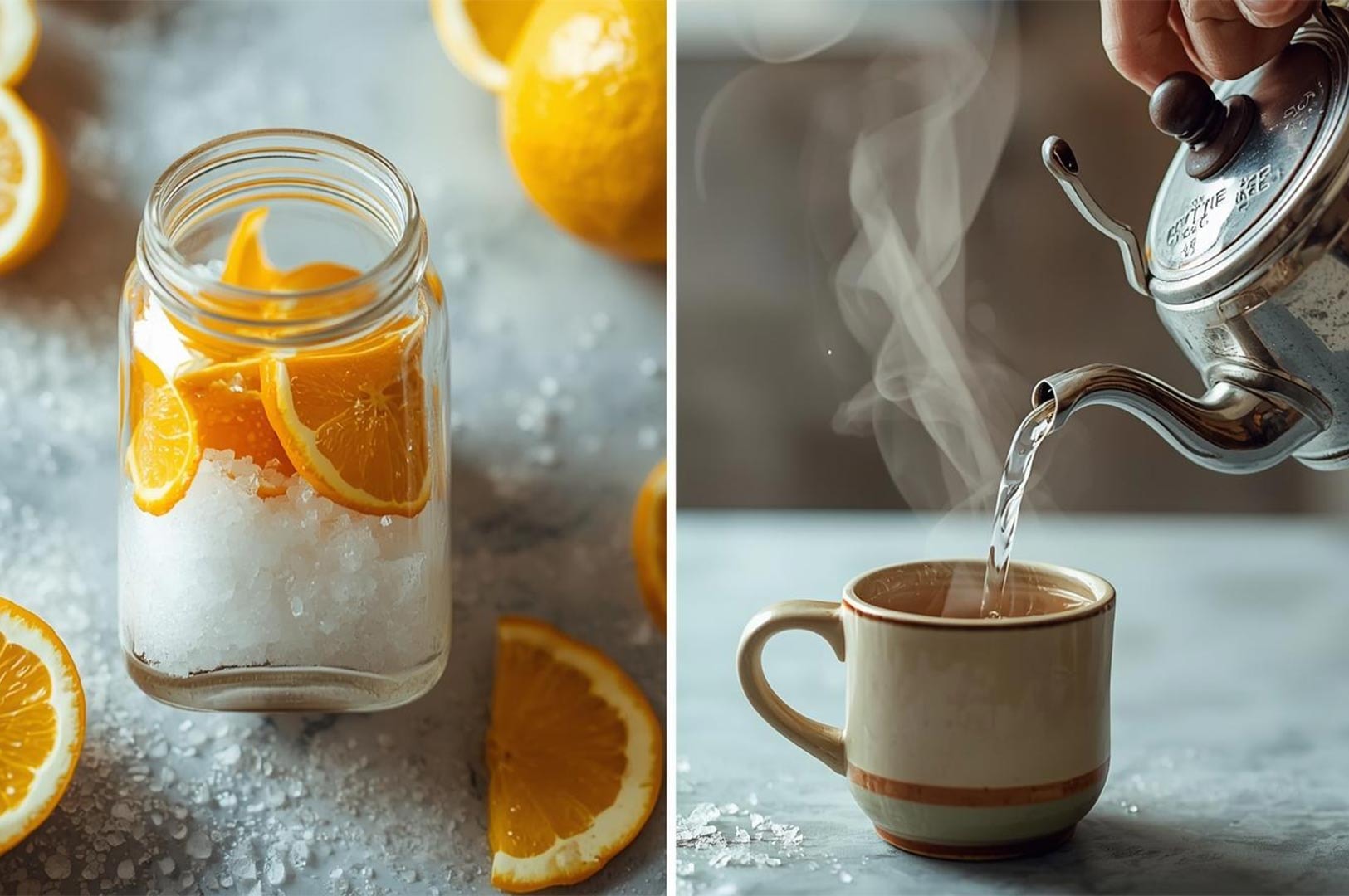 A split image showing the process of making Yuja tea: sliced fruit layered with sugar in a glass jar, and hot water being poured from a kettle into a teacup.