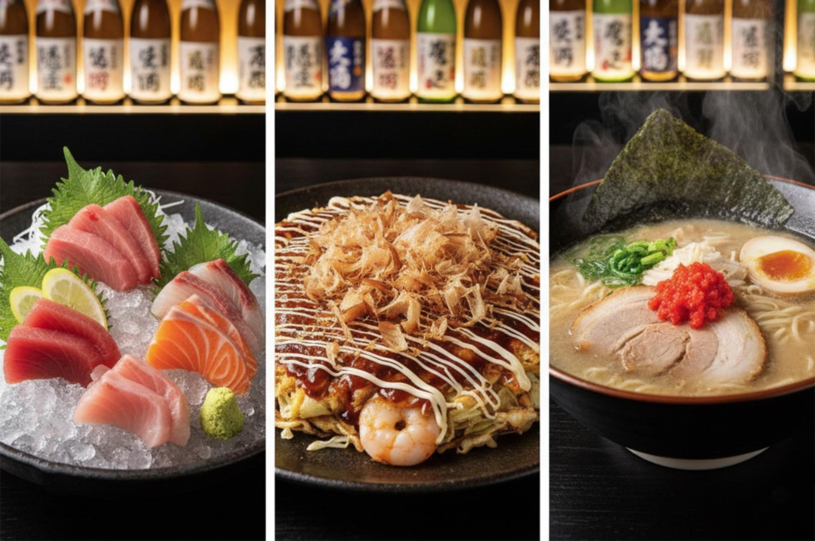 A food collage showcasing three classic Japanese dishes: fresh tuna and salmon sashimi, savory okonomiyaki, and a bowl of tonkotsu ramen.
