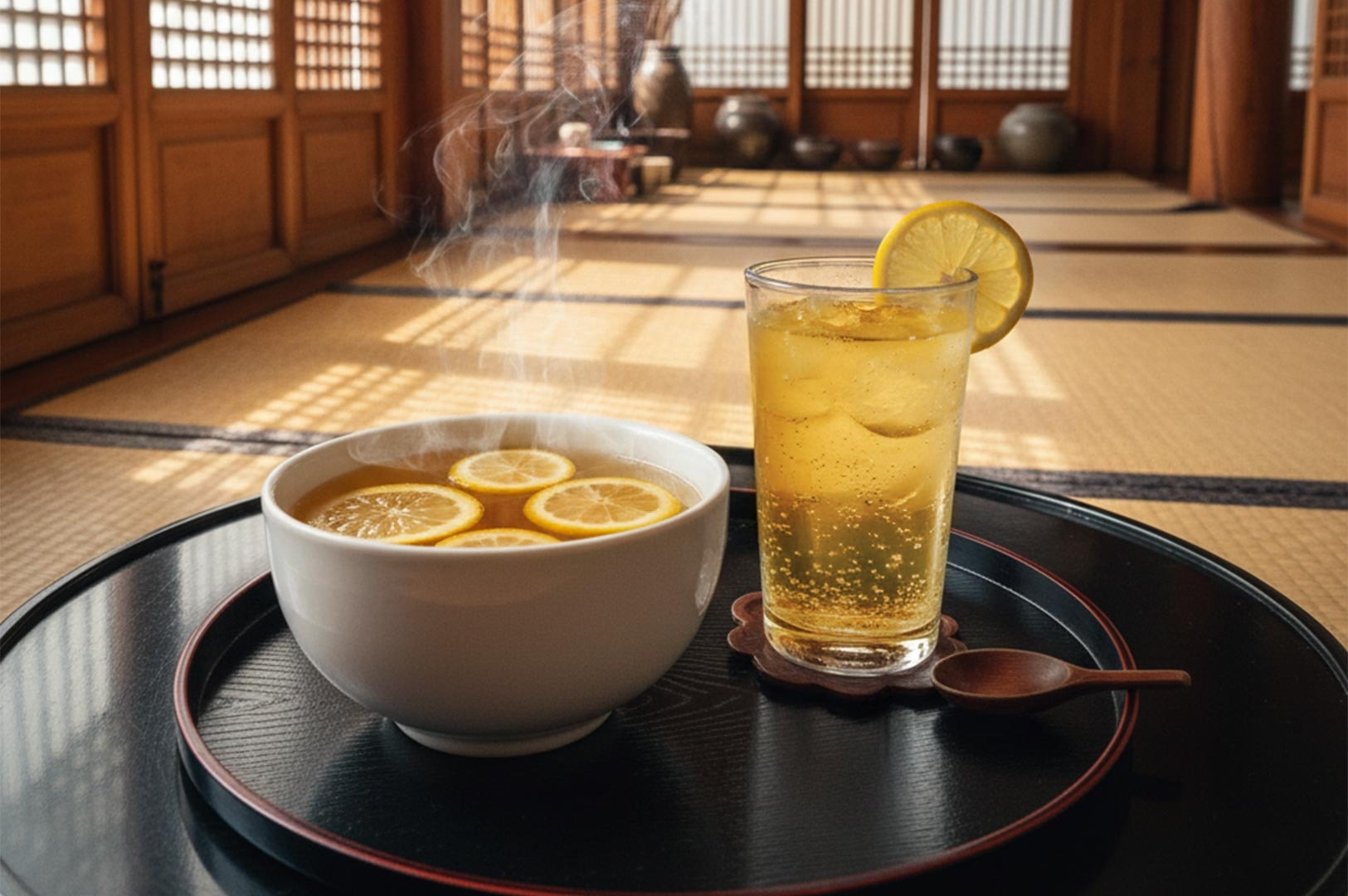 A tray containing a large bowl of steaming hot yuzu tea with lemon slices and a tall glass of iced yuzu sparkling soda in a traditional interior.