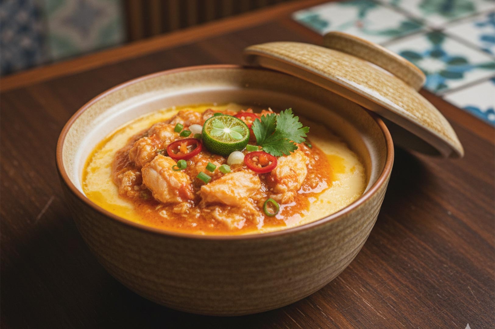 Close-up of a creamy savory chawanmushi with chili crab, topped with chili slices and lime, served in a rustic lidded ceramic bowl.