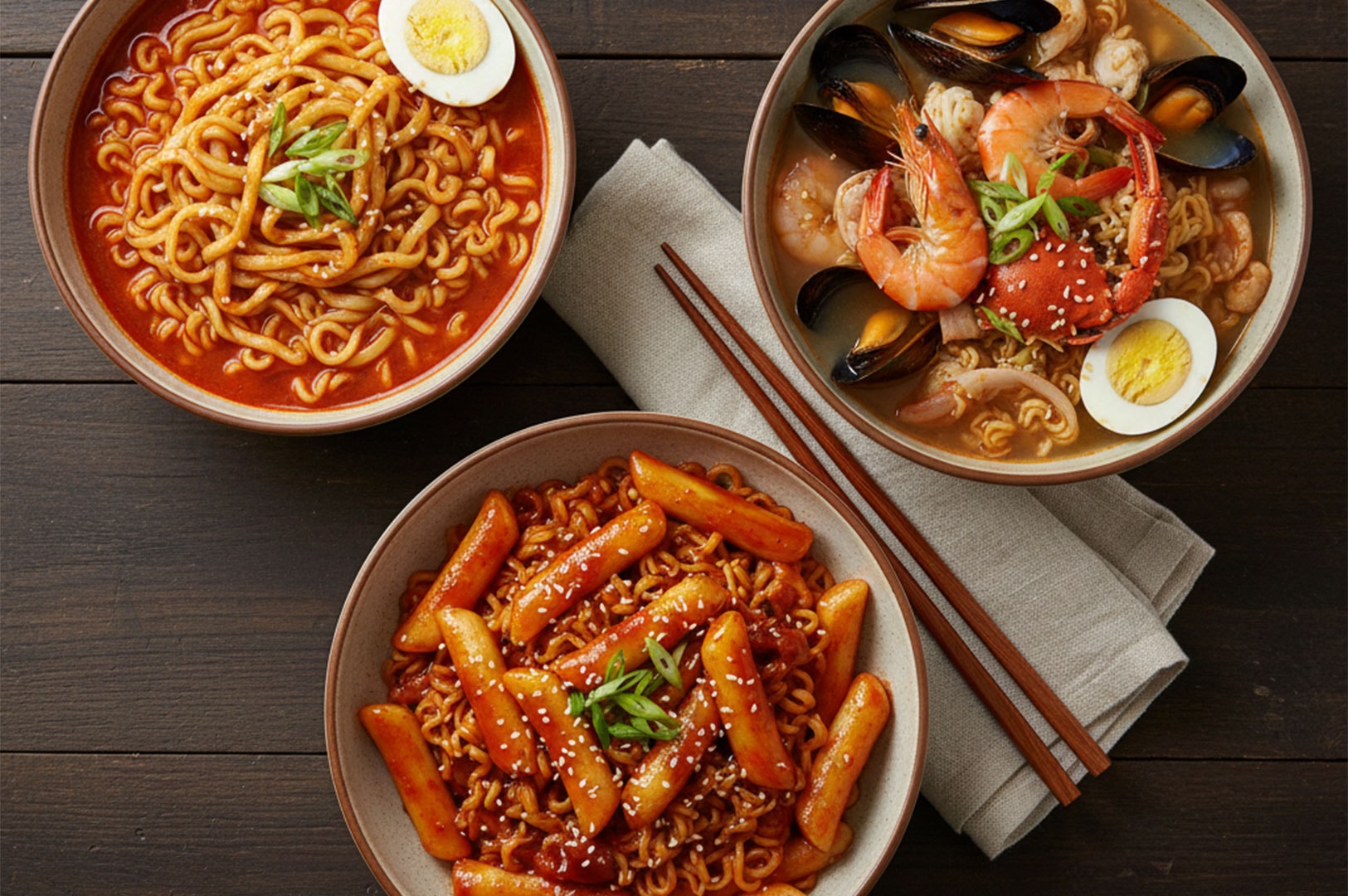 Flat lay of three Korean noodle dishes: spicy ramyeon with hard-boiled egg, seafood ramen with crab and mussels, and a bowl of rabokki (spicy noodles with tteokbokki rice cakes).