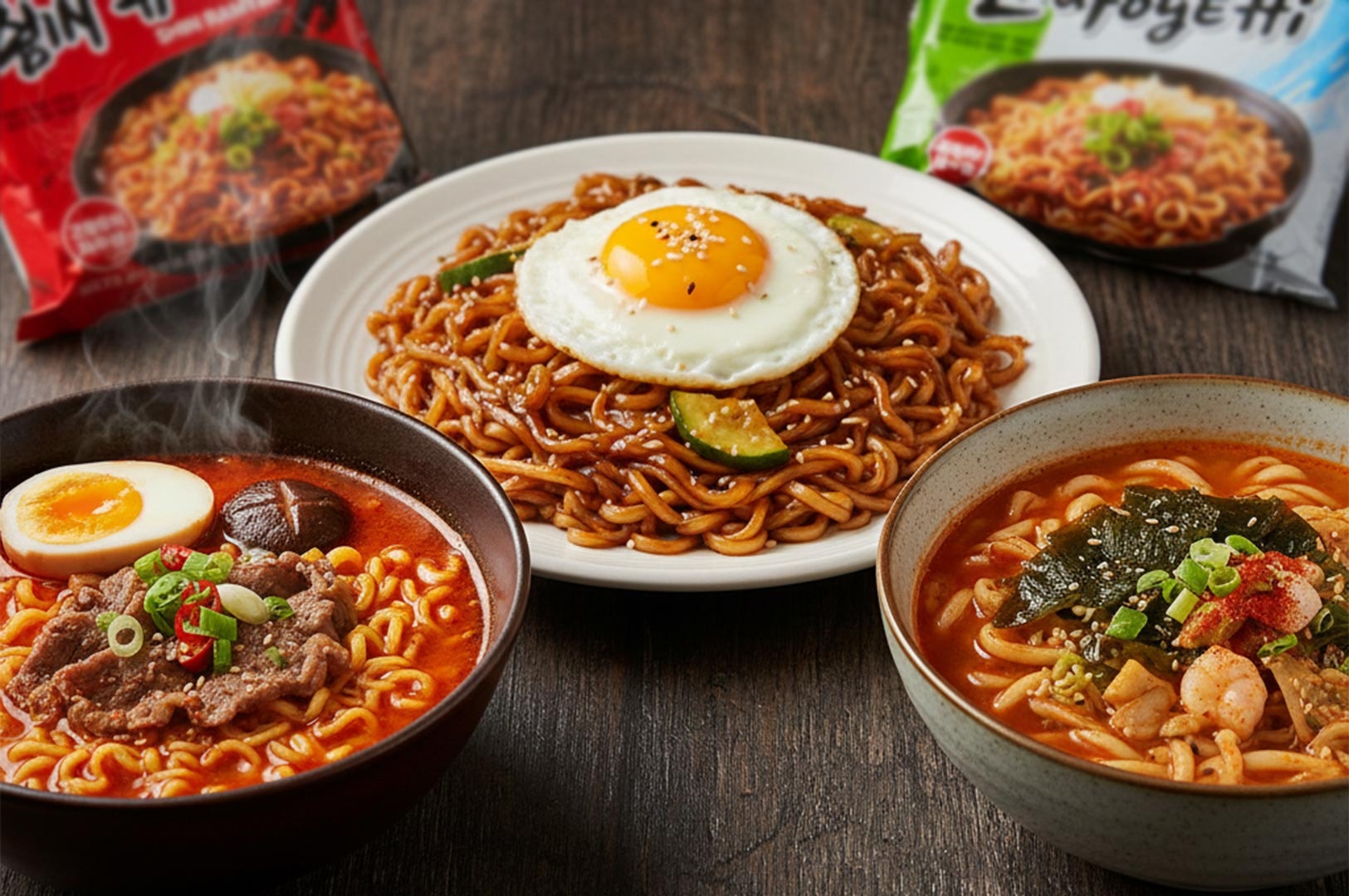 A table setting featuring three bowls of cooked noodles: central Chapagetti black bean noodles with a fried egg, flanked by spicy beef ramen and seafood noodle soup.