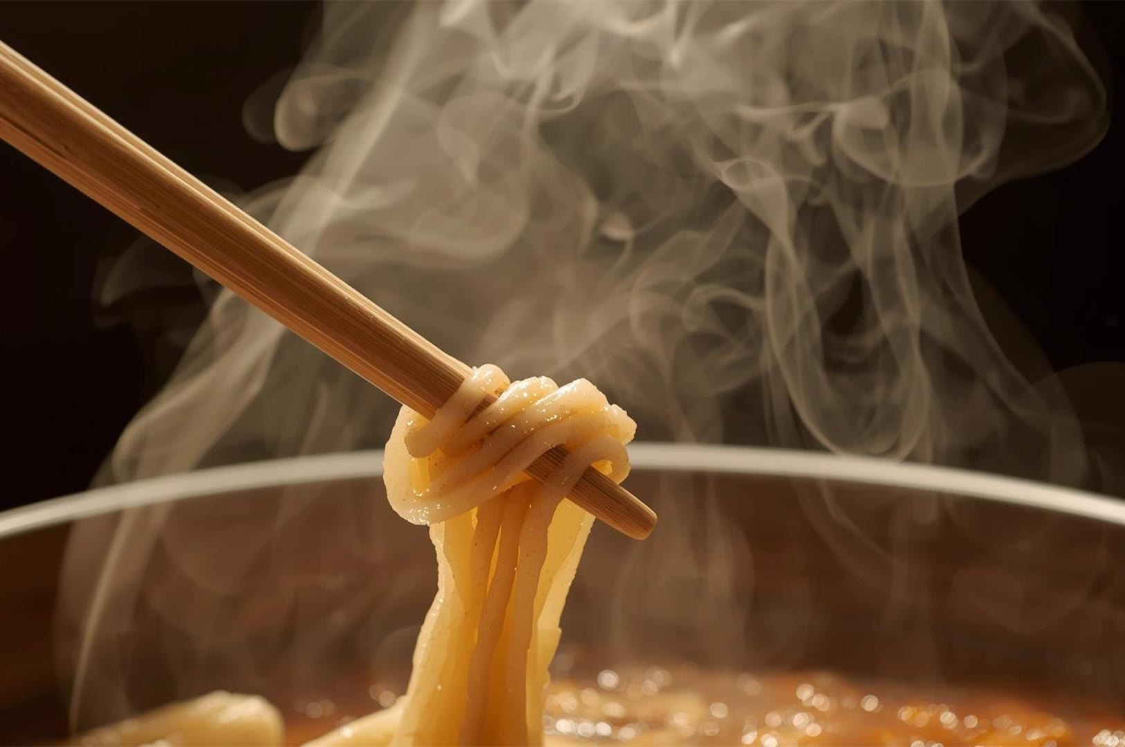 Wooden chopsticks lifting a serving of steaming hot noodles from a bowl, captured with dramatic lighting against a dark background.