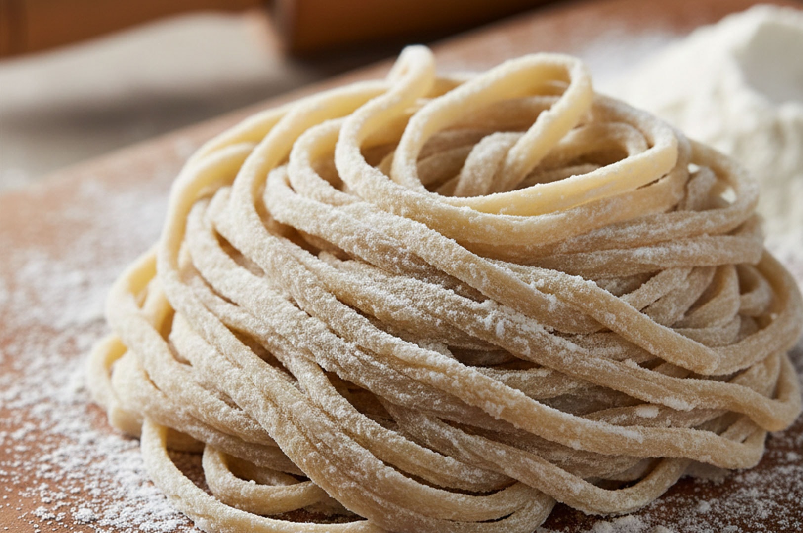 A coiled nest of fresh, raw homemade noodles dusted with white flour resting on a wooden cutting board, ready for boiling.