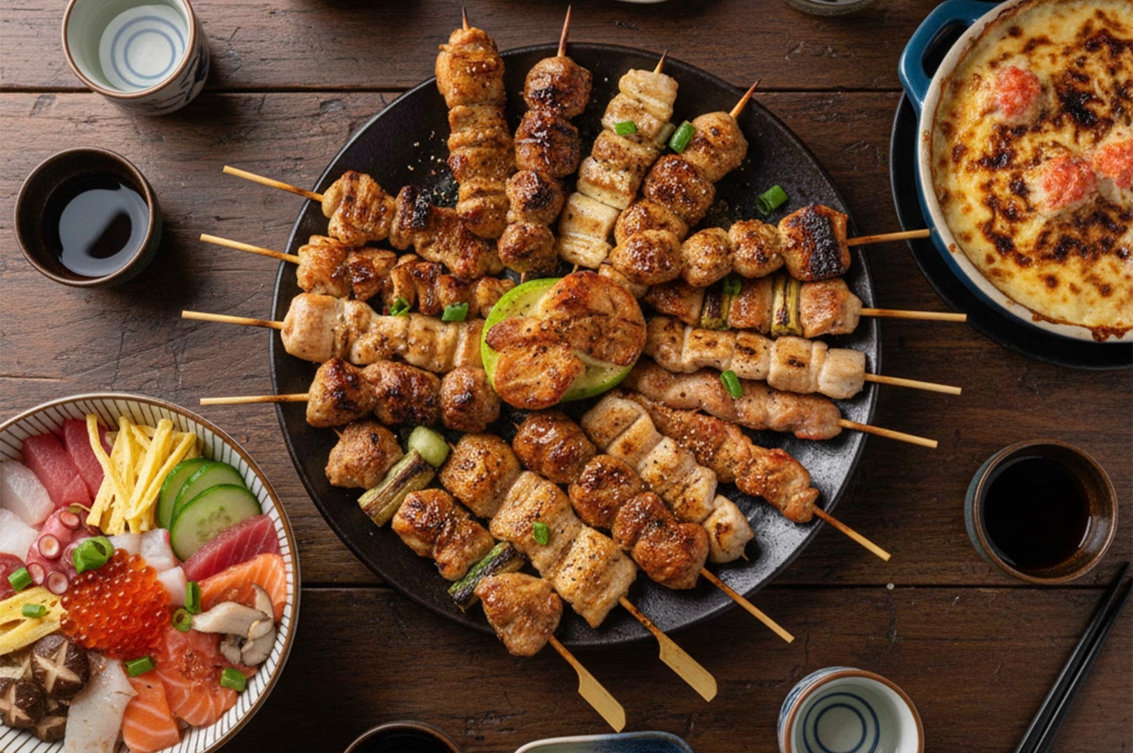 Top-down view of a large platter featuring a variety of grilled yakitori skewers, served alongside a sashimi rice bowl and side dishes.