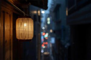 A glowing traditional Japanese paper lantern hanging outside a shop in a narrow, dimly lit alleyway at night with blurred city lights in the background.