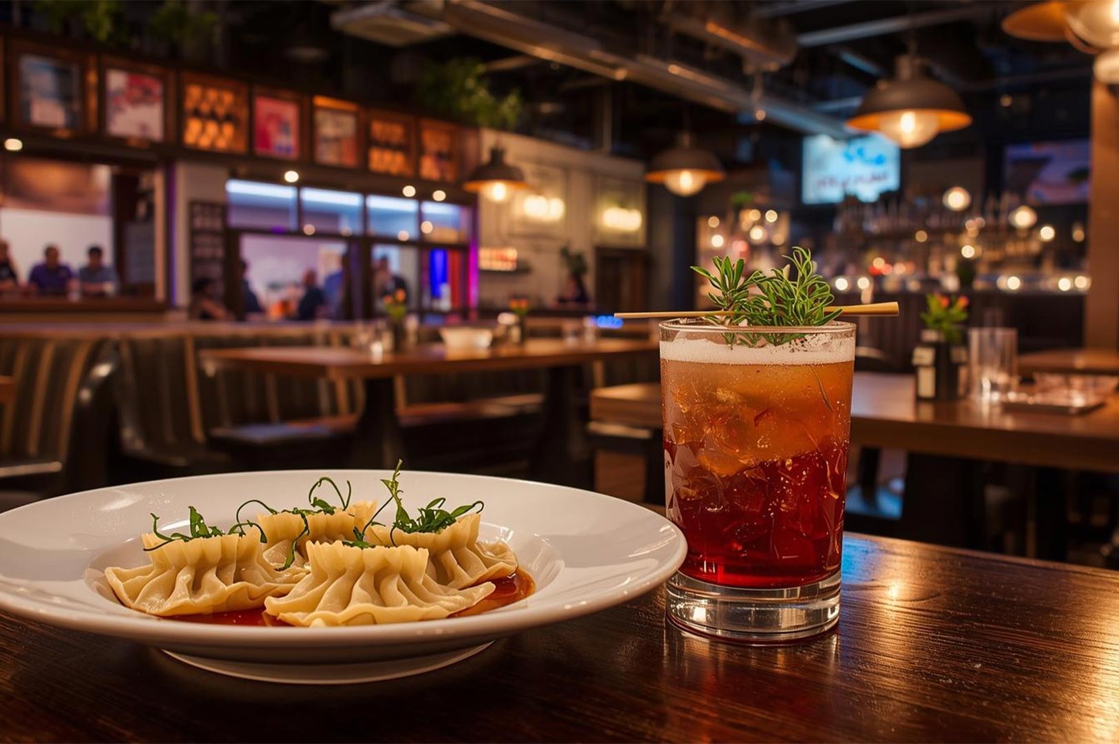 A plate of steamed dumplings with green garnish sitting next to an iced cocktail on a wooden table in a modern restaurant setting.