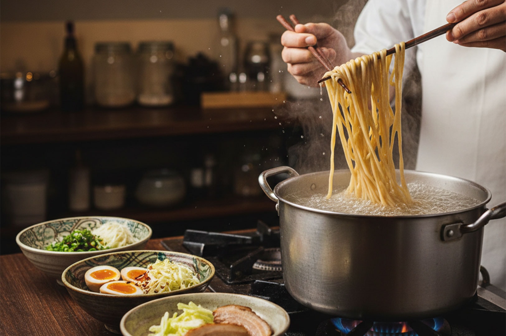 Action shot of a chef using chopsticks to lift a serving of steaming noodles out of a large pot of boiling water, with prepared ramen bowls waiting in the background.