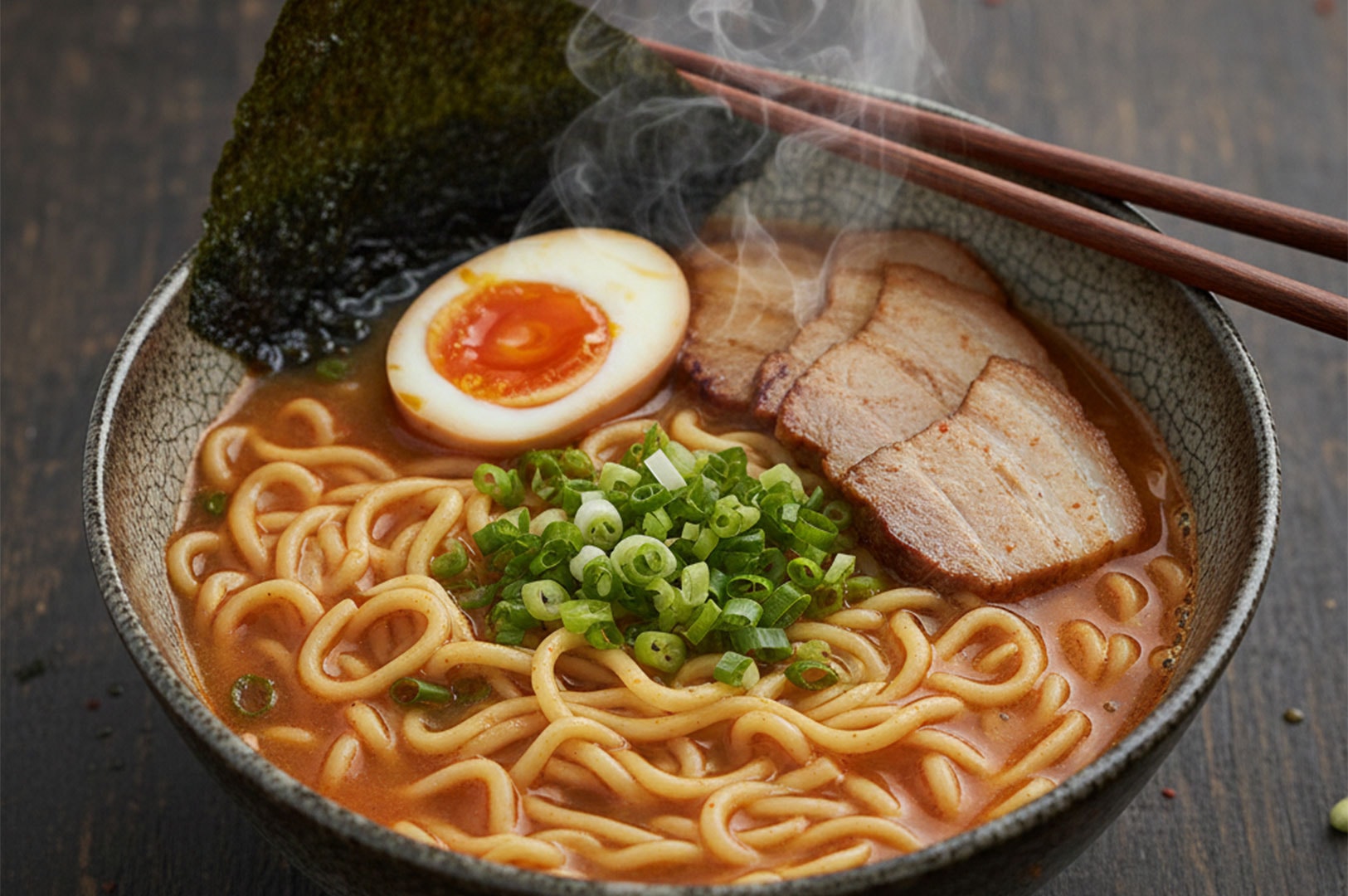 Close-up of a steaming bowl of spicy miso ramen topped with chashu pork belly slices, a marinated soft-boiled egg, fresh green onions, and a sheet of nori seaweed.