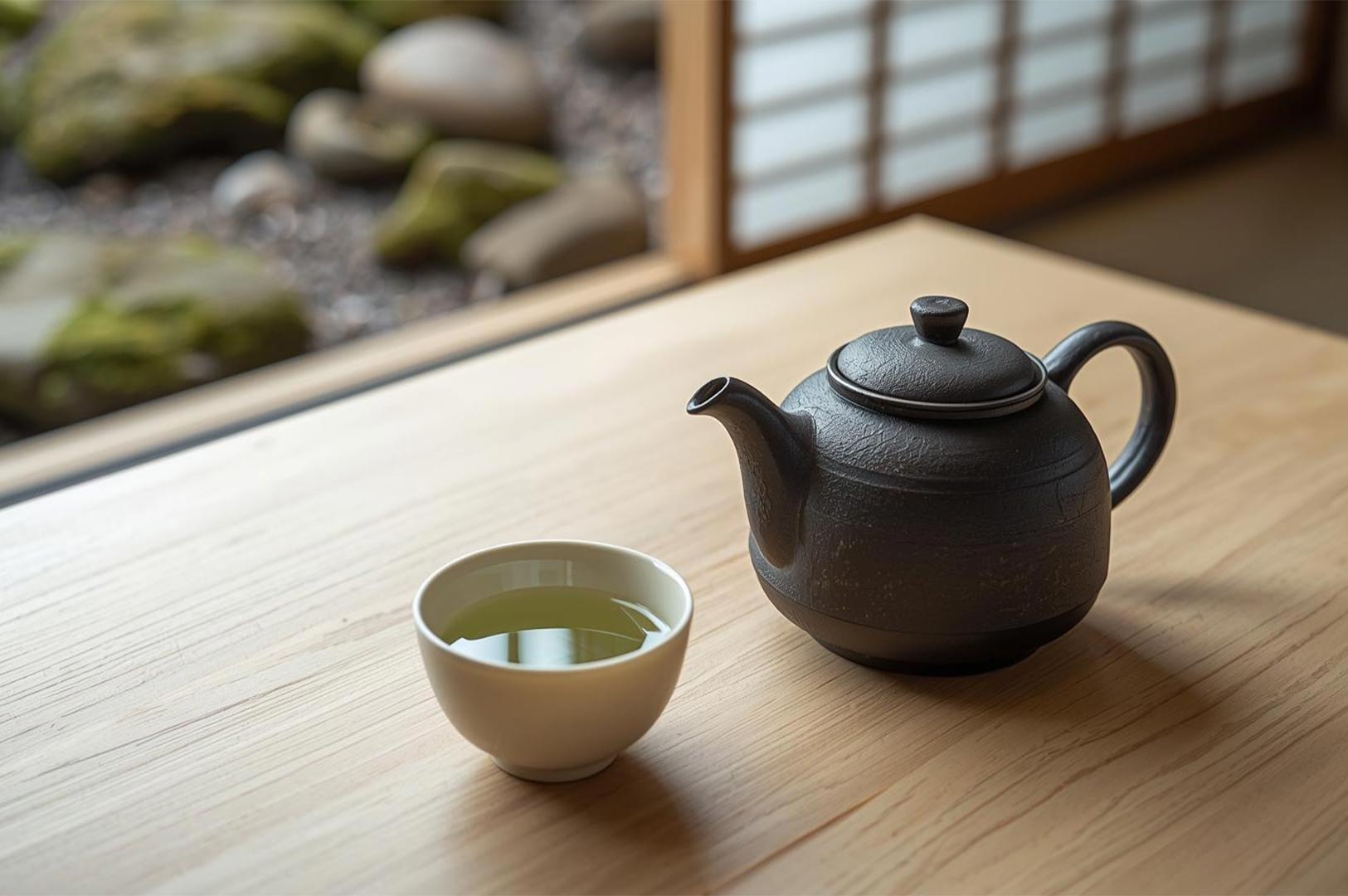 A dark, textured ceramic teapot and a white cup filled with green tea resting on a wooden table, with a blurred Japanese rock garden in the background.