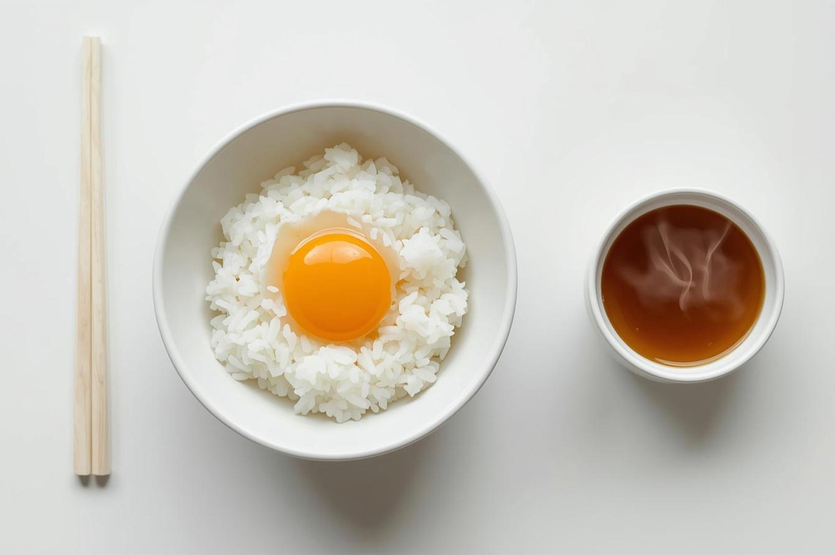 Top-down minimalist view of Tamago Kake Gohan (raw egg yolk on white rice) in a white bowl, served with wooden chopsticks and a cup of tea.