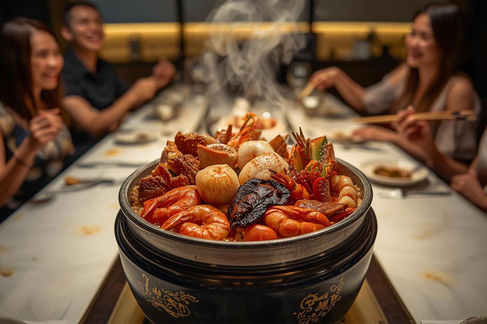 A large, steaming bowl of seafood hot pot filled with shrimp and shellfish, with a blurred background of a happy family dining together at a restaurant.