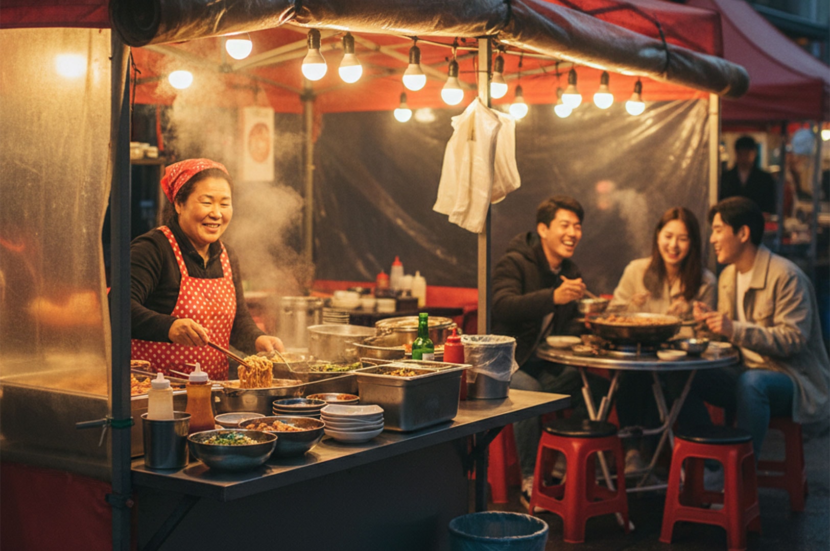 A smiling cook serving food at a warm, illuminated Korean street food stall (Pojangmacha) at night, with a group of friends laughing and eating at a round table nearby.