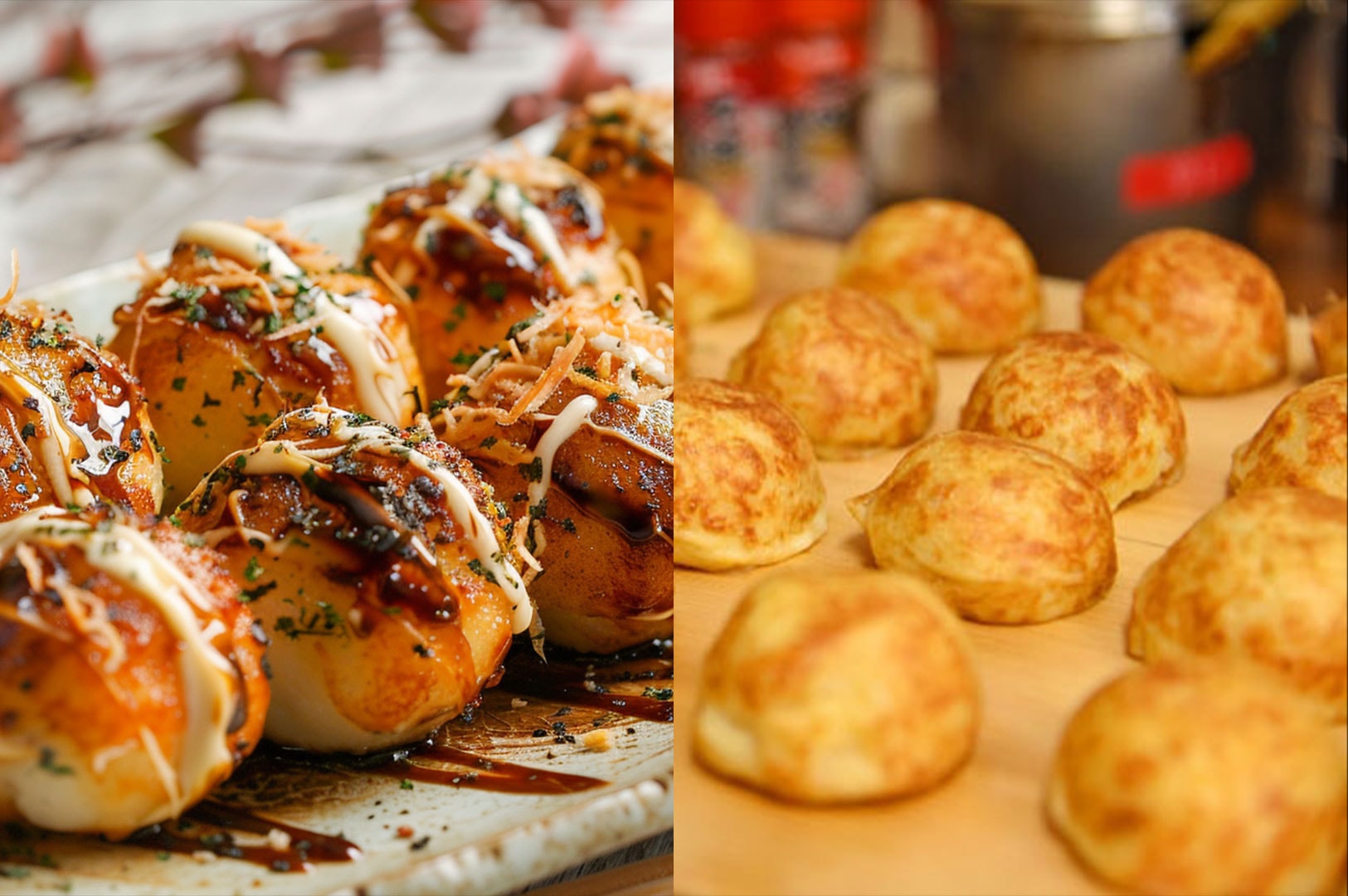 A split image showing fully dressed takoyaki with sauce and toppings on a ceramic plate on the left, and plain, golden-brown fried octopus balls on a wooden board on the right.