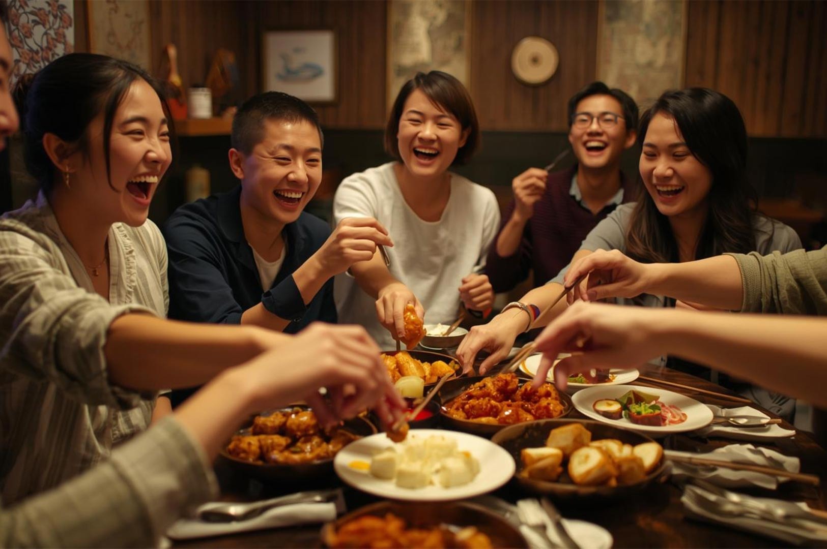 A group of happy friends laughing and sharing small plates of food while enjoying a dinner together at a restaurant.