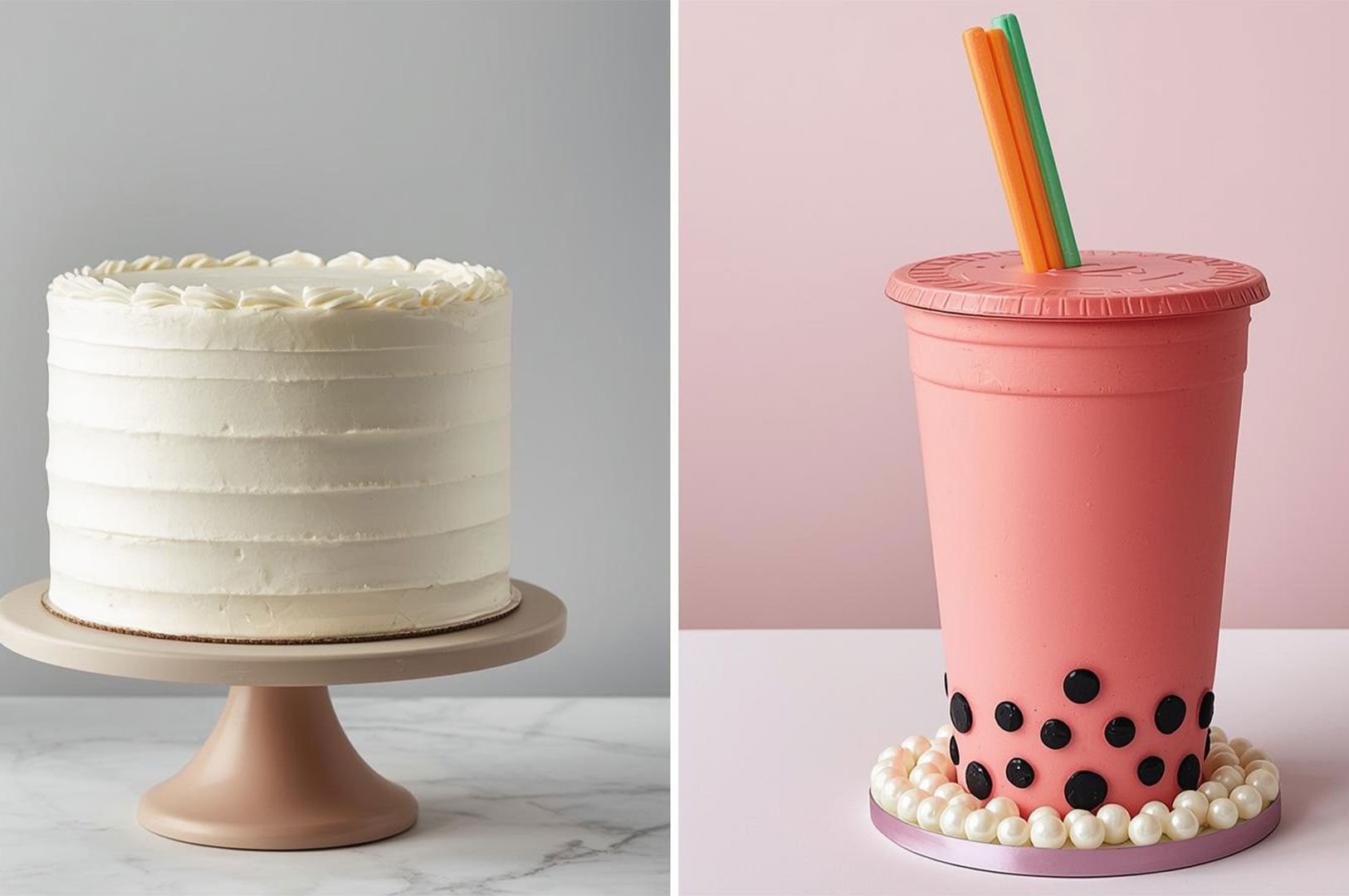 A side-by-side comparison of a plain white frosted layer cake and a sculpted pink cake designed to look like a bubble tea cup with straws and fondant pearls.
