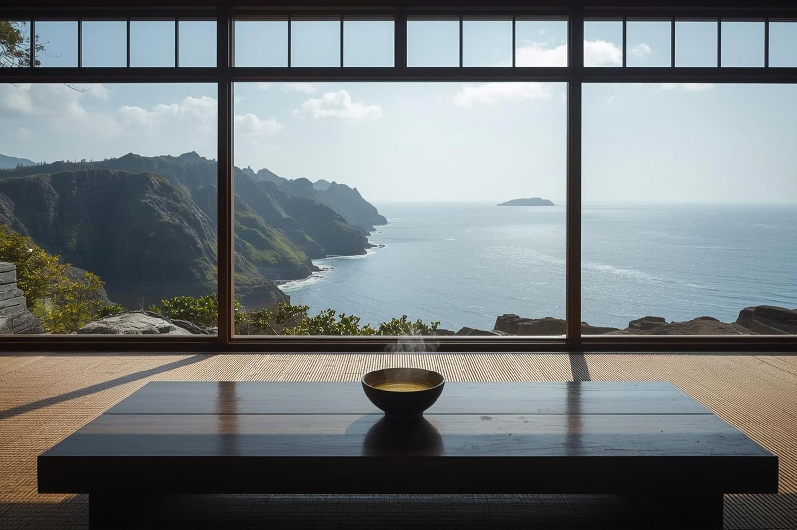 A minimalist Japanese or Korean tea room with a bowl of hot tea on a low table, featuring large windows overlooking a scenic ocean coastline.