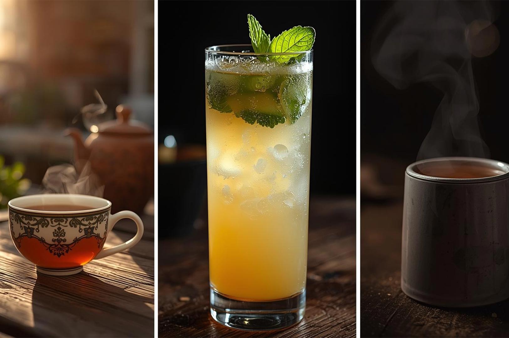 A triptych collage showing three ways to serve citron tea: a classic hot tea cup, a tall glass of iced yuzu tea with mint, and a steaming dark mug.